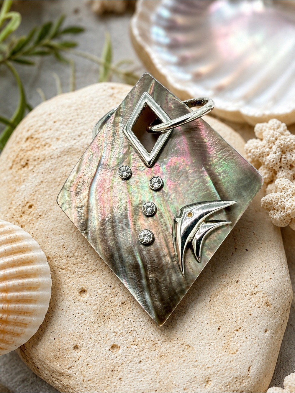 Sterling Silver Abalone Shell Fish Pendant Rhinestone Accents 2”15g Coastal Vibe